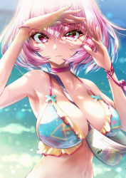 Rule 34 | 1girl, armpits, bag, bangle, bare shoulders, beach, between breasts, bikini, blue bikini, blue hair, blurry, blurry background, bracelet, breasts, choker, closed mouth, cluseller, collarbone, colored inner hair, crossed bangs, day, english text, fang, fanny pack, female focus, frilled bikini, frilled bikini top, frills, gradient background, hair between eyes, hair intakes, hand on own forehead, hands up, highres, idolmaster, idolmaster cinderella girls, jewelry, large breasts, lens flare, looking at viewer, matching hair/eyes, multicolored hair, navel, outdoors, pink choker, pink eyes, pink hair, shading eyes, short hair, shoulder bag, simple background, solo, standing, strap between breasts, sunlight, swimsuit, two-tone hair, upper body, yellow frills, yumemi riamu