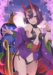 100 100percent_park 1girl absurdres bare_shoulders bob_cut breasts cowboy_shot fate/grand_order fate_(series) fingernails highres horns long_fingernails looking_at_viewer off_shoulder oni outdoors purple_eyes purple_hair revealing_clothes ribbon short_eyebrows short_hair shuten_douji_(fate) skin-covered_horns small_breasts smile solo standing thick_eyebrows thighs