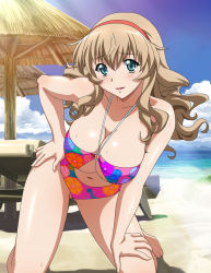 Rule 34 | 1girl, bare legs, barefoot, beach, bikini, blue eyes, blue sky, blush, breasts, cleavage, cloud, collarbone, day, floral print, gluteal fold, hair between eyes, hairband, halterneck, hand on own hip, hand on lap, ikkitousen, kneeling, large breasts, leaning forward, light brown hair, long hair, looking at viewer, navel, ocean, open mouth, outdoors, pink bikini, print bikini, red hairband, sky, smile, solo, sonken chuubou, summer, sunlight, swimsuit