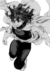 Rule 34 | 1girl, bodysuit, boku no hero academia, boots, breasts, character request, check copyright, cloak, copyright request, floating, floating hair, gloves, greyscale, hair between eyes, half updo, highres, jumping, looking ahead, medium breasts, medium hair, monochrome, pants, smile, solo, takuan (takuanlunch), toned