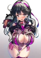 Rule 34 | 1girl, absurdres, ahoge, alternate costume, barcode, black gloves, black hair, black sailor collar, black thighhighs, blush, breasts, cleavage, cleavage cutout, clothes writing, clothing cutout, commentary request, covered erect nipples, ear tag, elbow gloves, enemy naval mine (kancolle), gloves, gradient background, hairband, hands on own chest, heart, heart-shaped pupils, highres, huge breasts, kantai collection, long hair, parted lips, pink hairband, pubic tattoo, sailor collar, saliva, simple background, sleeveless, symbol-shaped pupils, tattoo, tentacles, thighhighs, tongue, torisan, ushio (kancolle)