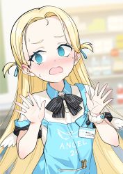 Rule 34 | 1girl, @ @, absurdres, angel wings, apron, black bow, black bowtie, blonde hair, blue apron, blue archive, blue eyes, blush, bow, bowtie, collared shirt, forehead, highres, id card, long hair, looking away, mini wings, scrunchie, shirt, short sleeves, solo, sora (blue archive), sweat, wings, wrist scrunchie, zhanzheng zi
