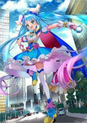 Rule 34 | 1girl, :d, asymmetrical clothes, blue dress, blue eyes, blue footwear, blue hair, blue sky, boots, building, cape, car, city, cloud, commentary request, commission, cure sky, detached sleeves, dress, earrings, eyelashes, fingerless gloves, giant, giantess, gloves, hair ornament, happy, highres, hirogaru sky! precure, jewelry, light blue hair, light blush, long hair, looking at viewer, magical girl, motor vehicle, open mouth, precure, puffy short sleeves, puffy sleeves, pukara, road, short sleeves, skeb commission, sky, sky mirage, smile, solo, sora harewataru, thighhighs, thighs, traffic light, twintails, very long hair, white gloves, white thighhighs