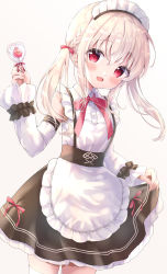 Rule 34 | 1girl, :d, amedamacon, apron, black skirt, blush, bow, braid, candy, collared shirt, commentary request, detached sleeves, dress, dress shirt, food, frilled apron, frills, gradient background, grey background, hair between eyes, hair bow, hand up, highres, holding, holding candy, holding food, holding lollipop, light brown hair, lollipop, long hair, long sleeves, looking at viewer, maid, maid headdress, open mouth, original, red bow, red eyes, shirt, skirt, sleeveless, sleeveless dress, sleeves past wrists, smile, solo, suspender skirt, suspenders, twintails, white apron, white background, white shirt, white sleeves