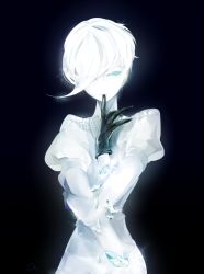 Rule 34 | 10s, amputee, androgynous, antarcticite, black background, black gloves, blue eyes, broken, colored skin, crystal, disembodied limb, gender request, gloves, gradient background, hair over one eye, houseki no kuni, looking away, moiom10, monochrome, mouth hold, puffy short sleeves, puffy sleeves, self hug, short hair, short sleeves, shorts, simple background, solo, sparkle, upper body, white hair, white skin