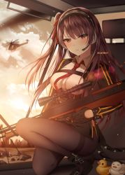 Rule 34 | 1girl, absurdres, aircraft, belt, belt boots, bipod, black footwear, black gloves, black pantyhose, black skirt, blunt bangs, blush, boots, braid, breasts, brown hair, buckle, bullpup, closed mouth, cloud, cloudy sky, collared shirt, evening, floating hair, framed breasts, girls&#039; frontline, gloves, gun, hair between eyes, hair ribbon, half-closed eyes, half updo, headset, helicopter, highres, holding, holding gun, holding weapon, junpaku karen, large breasts, light particles, long hair, long sleeves, looking at viewer, necktie, on one knee, one side up, pantyhose, pixiv id, purple hair, red eyes, red necktie, ribbon, rifle, rubber duck, scope, serious, shirt, shoes, side slit, sidelocks, skirt, sky, sniper rifle, solo, sparkle, thighband pantyhose, trigger discipline, very long hair, wa2000 (girls&#039; frontline), walther, walther wa 2000, weapon, white shirt, wind, wind lift