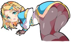 Rule 34 | 1girl, aqua eyes, ass, bent over, black gloves, blonde hair, blush, braid, crown braid, enpe, fingerless gloves, furrowed brow, gloves, hair ornament, hairclip, highres, long sleeves, nintendo, open mouth, pointy ears, princess zelda, short hair, simple background, solo, the legend of zelda, the legend of zelda: breath of the wild, the legend of zelda: tears of the kingdom, thick eyebrows, white background