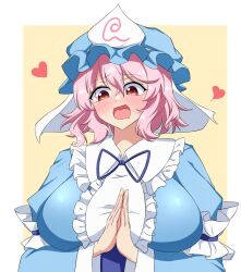 Rule 34 | 1girl, :d, blue hat, border, breasts, commentary request, drooling, hat, highres, large breasts, long sleeves, looking at viewer, mob cap, open mouth, own hands clasped, own hands together, pink eyes, pink hair, saigyouji yuyuko, short hair, simple background, smile, solo, tasuku (tusktouhou4), touhou, triangular headpiece, upper body, white border, yellow background