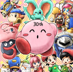 Rule 34 | adeleine, ado (kirby), animal ears, anniversary, bandana, bandana waddle dee, beret, black hair, blue bandana, blue eyes, blush stickers, cape, chuchu (kirby), coo (kirby), disembodied limb, elfilin, fairy, fairy wings, fangs, fish, gloves, gooey (kirby), hat, holding, holding polearm, holding weapon, horns, kicdon, kine (kirby), king dedede, kirby, kirby (series), magolor, mask, meta knight, mouse ears, nago, nintendo, notched ear, one eye closed, open mouth, pink hair, pitch (kirby), polearm, polka dot, polka dot background, rayman limbs, red headwear, red ribbon, ribbon, ribbon (kirby), rick (kirby), smile, solid oval eyes, spear, star (symbol), susie (kirby), taranza, tongue, tongue out, wall-eyed, weapon, wings