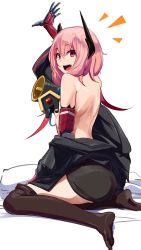 Rule 34 | arm up, back, banana (girls&#039; frontline), bare shoulders, breasts, fang, girls&#039; frontline, highres, kneeling, m4 sopmod ii (girls&#039; frontline), mechanical arms, open mouth, partially undressed, pink hair, red eyes, sanderson, sideboob, small breasts, smile
