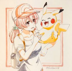 Rule 34 | .live, 1girl, absurdres, backpack, bag, baseball cap, black shirt, blush, brown eyes, brown hair, commentary, creatures (company), crossover, fuusuke (fusuke208), game freak, gen 1 pokemon, hair ornament, hat, highres, holding, holding pokemon, kitakami futaba, light blush, long hair, looking at another, low twintails, nintendo, open mouth, outside border, pikachu, pokemon, pokemon: let&#039;s go, pokemon (creature), print headwear, shirt, short sleeves, smile, standing, star (symbol), star hair ornament, traditional media, twintails, twitter username, upper body, virtual youtuber