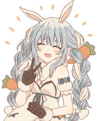 1girl ^_^ animal_ears artist_name black_gloves blue_hair bow braid carrot carrot_hair_ornament carrot_in_pocket closed_eyes don-chan_(usada_pekora) food-themed_hair_ornament fur-trimmed_gloves fur_scarf fur_trim gloves hair_bow hair_ornament highres hololive long_hair multicolored_hair open_mouth rabbit_ears rabbit_girl short_eyebrows simple_background smile solo thick_eyebrows traum38 twin_braids twintails two-tone_hair upper_body usada_pekora usada_pekora_(1st_costume) v virtual_youtuber white_background white_bow white_hair