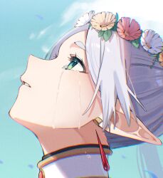 Rule 34 | 1girl, crying, earrings, elf, frieren, green eyes, head wreath, highres, jewelry, long hair, looking up, open mouth, pointy ears, rinzawa, simple background, solo, sousou no frieren