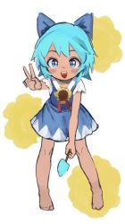 Rule 34 | 1girl, :d, barefoot, blue eyes, blue hair, blush, bow, cirno, dress, flower, food, hair bow, hidden star in four seasons, open mouth, oreoppi, popsicle, short dress, short hair, smile, solo, sunflower, tan, tanned cirno, touhou, v
