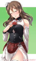Rule 34 | 1girl, bad id, bad pixiv id, character request, clothing cutout, commentary request, corset, cowboy shot, eye color request, hair between eyes, juurouta, kantai collection, long hair, long sleeves, looking at viewer, open mouth, shoulder cutout, solo