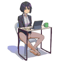 Rule 34 | 1girl, absurdres, barefoot, blazer, blue jacket, blush, bob cut, bottomless, brown eyes, carlo montie, coffee mug, commentary, covering privates, covering crotch, cup, desk, dress shirt, english commentary, female focus, full body, hair between eyes, hands on own crotch, highres, ipad, jacket, light smile, looking at object, mug, notebook, office lady, on chair, original, patio chair, pen, purple hair, shadow, shirt, short hair, simple background, sitting, solo, tablet pc, v arms, white background, white shirt, working