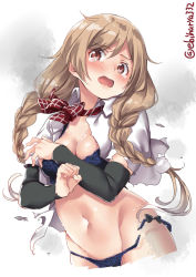 Rule 34 | 1girl, arm warmers, blush, bra, braid, breasts, brown hair, cleavage, clenched hand, commentary, covering privates, ebifurya, groin, hair ornament, hair over shoulder, highres, kantai collection, long hair, looking at viewer, minegumo (kancolle), navel, open mouth, panties, red eyes, ribbon, simple background, smoke, solo, tears, torn clothes, twin braids, twitter username, underwear, white background
