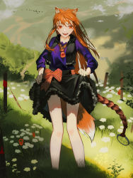 Rule 34 | 1girl, :d, absurdres, animal ears, bare legs, bird, black skirt, breasts, cloud, commentary, feet out of frame, flock, flower, fox ears, fox tail, grass, highres, holo, legs, long hair, long sleeves, looking at viewer, mackia, medium breasts, nature, open mouth, orange hair, purple shirt, red eyes, shirt, skirt, skirt hold, smile, solo, spice and wolf, standing, straight-on, sunlight, tail, white flower
