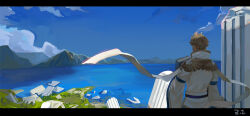 Rule 34 | 1boy, blonde hair, blue sky, book, cardinal (ragnarok online), cloud, coat, commentary, cowboy shot, dated commentary, day, from behind, grass, horizon, letterboxed, looking afar, male focus, mountainous horizon, ocean, outdoors, pillar, ragnarok online, sash, scenery, short hair, sky, solo, white coat, white sash, wide sleeves, zi tsas