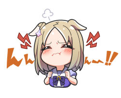 Rule 34 | 1girl, animal ears, blonde hair, blush, bow, clenched hands, closed eyes, closed mouth, commentary request, ear covers, ear ornament, ears down, facing viewer, hair ornament, horse ears, horse girl, narita top road (umamusume), parted bangs, puffy short sleeves, puffy sleeves, purple bow, purple shirt, school uniform, shirt, short hair, short sleeves, simple background, single ear cover, solo, tracen school uniform, umamusume, upper body, warashi, white background
