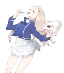 Rule 34 | 1girl, arched back, bad id, bad twitter id, bc freedom military uniform, blonde hair, blue jacket, blue vest, blush, cake, cowboy shot, dress shirt, drill hair, eating, food, food on face, fork, girls und panzer, high collar, highres, holding, holding fork, holding saucer, jacket, leaning back, long hair, long sleeves, marie (girls und panzer), military, military uniform, miniskirt, open mouth, pleated skirt, saucer, shirt, simple background, skirt, smile, solo, standing, tsunami samemaru, uniform, vest, white background, white shirt, white skirt