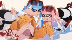 Rule 34 | 2girls, :p, absurdres, artist name, black shorts, blue eyes, blue hair, blunt bangs, blunt ends, boots, closed mouth, commentary, cross-laced footwear, dolphin shorts, english commentary, eyewear on head, film grain, grey eyes, highres, holding, holding hair, inkling, inkling girl, inkling player character, kneeling, leaning forward, long hair, looking at viewer, lying, matching outfits, multiple girls, nintendo, no socks, off shoulder, on back, open mouth, orange shirt, pink hair, pointy ears, prat rat, print shirt, red-framed eyewear, red footwear, shirt, shoes, short shorts, short sleeves, shorts, signature, slosher (splatoon), smile, sneakers, splatoon (series), splatoon 2, sunglasses, tentacle hair, thigh boots, thighhighs, tongue, tongue out