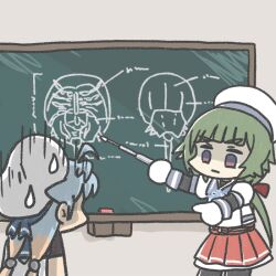 Rule 34 | 2girls, black pantyhose, blue sailor collar, chalkboard, commentary request, crab, ferret-san, green hair, hat, horseshoe crab, kantai collection, long hair, low ponytail, multiple girls, noumi (kancolle), pantyhose, pleated skirt, pointer, red skirt, sado (kancolle), sailor collar, sailor hat, shirt, skirt, sweatdrop, white headwear, white shirt