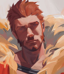 Rule 34 | 1boy, blue eyes, borrowed clothes, brown hair, close-up, cosplay, facial hair, fate/grand order, fate (series), goatee, highres, iskandar (fate), iskandar (fate) (cosplay), jinhallz, long sideburns, looking at viewer, male focus, manly, muscular, napoleon bonaparte (fate), portrait, shaded face, short hair, sideburns, simple background, solo