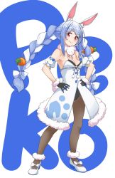 Rule 34 | 1girl, absurdres, animal ear fluff, animal ears, bare shoulders, black gloves, black leotard, black pantyhose, blue hair, braid, breasts, carrot hair ornament, commentary, detached sleeves, don-chan (usada pekora), dress, food-themed hair ornament, fur-trimmed dress, fur-trimmed gloves, fur trim, gloves, hair ornament, hands on own hips, highres, hololive, legs apart, leotard, leotard under clothes, long hair, multicolored hair, pantyhose, puffy detached sleeves, puffy sleeves, rabbit ears, red eyes, simple background, small breasts, smile, solo, standing, strapless, strapless dress, tanabe (fueisei), twin braids, two-tone hair, usada pekora, usada pekora (1st costume), very long hair, virtual youtuber, white hair