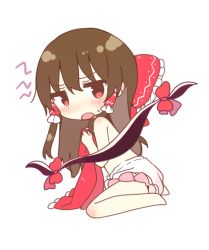 Rule 34 | 1girl, bad id, bad pixiv id, bare legs, barefoot, bloomers, blush, bow, brown hair, chibi, commentary request, frilled bow, frills, full body, gap (touhou), hair between eyes, hair bow, hair tubes, hakurei reimu, holding, holding clothes, holding skirt, jitome, long hair, looking at viewer, red bow, red eyes, red skirt, shnva, sidelocks, simple background, sitting, skirt, solo, sweat, thighs, topless, touhou, underwear, unworn skirt, wariza, white background, white bloomers