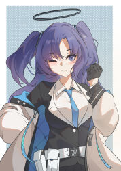 Rule 34 | 1girl, absurdres, belt, black gloves, black vest, blue archive, blue background, blue eyes, blue hair, blue necktie, border, breasts, closed mouth, collared shirt, commentary, facing viewer, gloves, haixingren, halo, hand up, highres, jacket, long hair, long sleeves, looking ahead, mechanical halo, medium breasts, necktie, off shoulder, open clothes, open jacket, parted bangs, shirt, solo, symbol-only commentary, two side up, upper body, vest, white belt, white border, white jacket, white shirt, wings, yuuka (blue archive)