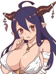 Rule 34 | blue hair, booshi, breasts, breasts focus, cleavage, colorized, danua, draph, embarrassed, granblue fantasy, highres, horns, huge breasts, jewelry, long hair, looking at viewer, necklace, red eyes, simple background, tagme, white background