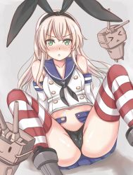 Rule 34 | &gt; &lt;, 10s, 1girl, ass, bare shoulders, belly, black panties, blonde hair, blush, cameltoe, closed eyes, elbow gloves, gloves, green eyes, hair ribbon, kantai collection, keikei (kitty colors), long hair, looking at viewer, md5 mismatch, navel, open mouth, panties, personification, rensouhou-chan, resolution mismatch, ribbon, sailor collar, shimakaze (kancolle), sitting, skirt, solo, source larger, spread legs, striped clothes, striped thighhighs, thighhighs, underwear, upskirt, white gloves, | |