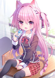 Rule 34 | 1girl, animal ear fluff, animal ears, blush, cat ears, cat girl, cat tail, chair, collarbone, curtains, d omm, desk, drinking straw, fang, fangs, hair between eyes, hair ornament, hair ribbon, highres, holding, juice box, long hair, long sleeves, looking at viewer, milk, moe2019, neck ribbon, on desk, open mouth, original, pink eyes, pink hair, pink ribbon, red ribbon, ribbon, school chair, school desk, school uniform, side ponytail, sitting, on desk, smile, solo, tail, tail ornament, tail ribbon, thighhighs, window, x hair ornament