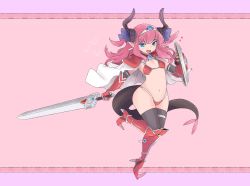 Rule 34 | 1girl, :d, absurdres, armor, bikini, bikini armor, blue eyes, boots, cape, commentary, detached sleeves, dragon girl, dragon horns, dragon tail, elbow gloves, elizabeth bathory (brave) (fate), elizabeth bathory (fate), fang, fate/grand order, fate (series), gauntlets, gem, gloves, hair ornament, hairband, high heel boots, high heels, highres, holding, holding shield, holding sword, holding weapon, horns, knee boots, latenight, long hair, looking at viewer, navel, open mouth, pauldrons, pink background, pink hair, red footwear, shield, shoulder armor, smile, solo, sparkle, standing, standing on one leg, swimsuit, sword, tail, thighhighs, thighhighs under boots, weapon, white cape