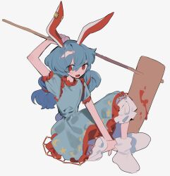 Rule 34 | 1girl, :d, ambiguous red liquid, animal ears, arm up, bloomers, blue dress, blue hair, crescent print, dress, earclip, flat chest, full body, furuuchi, grey background, hair between eyes, highres, kine, long bangs, long hair, looking at viewer, mallet, no shoes, open mouth, print dress, rabbit ears, rabbit girl, rabbit tail, red eyes, seiran (touhou), simple background, sitting, smile, socks, solo, star (symbol), star print, tail, touhou, underwear, white socks