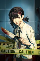 Rule 34 | 1girl, artist name, black hair, black necktie, black pants, blood, blood on face, blood on wall, bloody knife, brown eyes, caution tape, chainsaw man, collared shirt, hair ornament, hairclip, halftone, higashiyama kobeni, highres, holding, holding knife, knife, looking at viewer, mole, mole under eye, mole under mouth, multiple moles, necktie, pants, phoneafrog, shirt, shirt tucked in, short hair, short ponytail, single sidelock, solo, swept bangs, white shirt