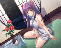 Rule 34 | 1girl, aran sweater, arm at side, backless dress, backless outfit, bare back, bare shoulders, blush, breasts, cable knit, closed mouth, collarbone, dress, flower, full body, g yuusuke, grey dress, grey sweater, hair ribbon, halterneck, highres, indoors, large breasts, long hair, looking at viewer, meme attire, naked sweater, night, non-web source, original, plant, potted plant, purple eyes, purple hair, red flower, red ribbon, ribbed sweater, ribbon, shiny skin, sideboob, sidelocks, sitting, sleeveless, sleeveless turtleneck, sliding doors, smile, solo, sweater, sweater dress, table, turtleneck, turtleneck sweater, two side up, virgin killer sweater, yokozuwari