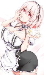 Rule 34 | 1girl, anchor choker, anchor symbol, apron, arched back, azur lane, black dress, breasts, cake, collarbone, dress, eyelashes, finger to mouth, food, food on body, food on breasts, frilled apron, frilled hairband, frilled sleeves, frills, fruit, hairband, hands up, highres, holding, holding cake, holding food, large breasts, legs together, looking at viewer, puffy short sleeves, puffy sleeves, red eyes, short hair, short sleeves, simple background, sirius (azur lane), solo, strawberry, strawberry shortcake, tero tero, thick thighs, thighhighs, thighs, tongue, tongue out, two-tone dress, waist apron, white apron, white background, white dress, white frills, white hair, white thighhighs