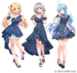 Rule 34 | 3girls, :d, ahoge, aki rosenthal, bare shoulders, belt, black footwear, blonde hair, blue belt, blue choker, blue dress, blue gemstone, blue hair, blue hairband, bracelet, breasts, champagne flute, choker, cleavage, commentary request, copyright notice, cup, detached hair, dress, drinking glass, flower, full body, gem, gloves, gradient hair, green eyes, grey hair, hair flower, hair ornament, hairband, hairclip, hand on own chest, hand up, headgear, heart, heart ahoge, high heels, highres, holding, holding cup, hololive, jewelry, large breasts, long hair, looking at viewer, low twintails, medium breasts, medium hair, mikami nacaba, multicolored hair, multiple girls, nail polish, necklace, official art, open mouth, purple eyes, purple hair, ring, see-through, see-through cleavage, see-through gloves, shirogane noel, short hair, simple background, single-shoulder dress, single bare shoulder, skirt hold, skirt under dress, smile, standing, streaked hair, twintails, virtual youtuber, white background, white flower, yellow eyes, yukihana lamy