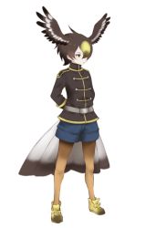 Rule 34 | 10s, 1girl, blonde hair, feathered wings, full body, golden eagle (kemono friends), head wings, ise (0425), kemono friends, military, military uniform, multicolored hair, orange eyes, short hair, simple background, solo, thighhighs, two-tone hair, uniform, white background, wings