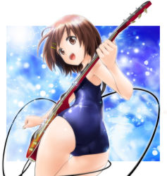 Rule 34 | 1girl, brown eyes, brown hair, guitar, hair ornament, hairclip, hirasawa yui, instrument, k-on!, one-piece swimsuit, open mouth, school swimsuit, shiny clothes, short hair, solo, swimsuit, thigh gap, thighs, tsunbeji