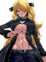 Rule 34 | 1girl, arm at side, belt, black coat, black pants, blonde hair, breasts, breath, cleavage, coat, creatures (company), cynthia (pokemon), detached collar, fur-trimmed sleeves, fur collar, fur trim, game freak, grey eyes, groin, hair ornament, hand up, highres, large breasts, long hair, long sleeves, looking at viewer, navel, nintendo, no bra, open mouth, pants, parted bangs, pokemon, pokemon dppt, shimure (460), simple background, solo, stomach, sweat, underboob, upper body, very long hair, white background