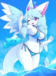 Rule 34 | 1girl, absurdres, ahoge, animal ears, bare shoulders, bikini, blue background, blue bikini, blue hair, blue sky, blue wings, blush, body fur, borrowed character, breasts, cleavage, collarbone, cowboy shot, day, dev voxy, fang, feathered wings, female focus, front-tie bikini top, front-tie top, fur-tipped tail, furry, furry female, hair between eyes, hands up, happy, highres, horns, large breasts, long hair, looking at another, mole, mole under eye, navel, o-ring, o-ring bikini, o-ring top, one eye closed, open mouth, original, outdoors, purple eyes, purple horns, side-tie bikini bottom, sidelocks, sky, slime (creature), smile, solo focus, sparkle, standing, stomach, swimsuit, tail, thighs, wading, water, wet, white fur, wings
