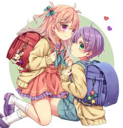 Rule 34 | 1boy, 1girl, aqua eyes, backpack, bag, blue background, blush, circle, closed mouth, facing another, frown, heart, highres, long hair, looking at viewer, multicolored background, original, pink hair, randoseru, rii (pixiv11152329), short hair, siblings, smile, star (symbol), twins, white background