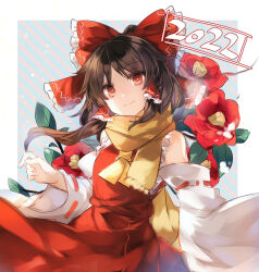 Rule 34 | 1girl, 2022, ascot, bare shoulders, bow, brown hair, closed mouth, detached sleeves, flower, hair bow, hair tubes, hakurei reimu, japanese clothes, kutsuki kai, long hair, nontraditional miko, red bow, red eyes, red flower, red skirt, ribbon-trimmed sleeves, ribbon trim, scarf, sidelocks, skirt, smile, solo, touhou, wide sleeves, yellow ascot, yellow scarf