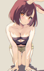 Rule 34 | 1girl, all fours, animal ear fluff, animal ears, bare arms, bare shoulders, blush, breasts, brown hair, calm mashiro, cleavage, cleavage cutout, clothing cutout, collarbone, copyright request, foreshortening, green shorts, grey background, large breasts, looking at viewer, orange eyes, parted lips, rabbit ears, short hair, short shorts, shorts, sign, simple background, solo, strapless, tube top