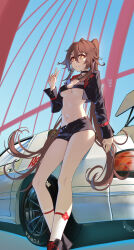 Rule 34 | 1girl, absurdres, alternate costume, bikini, bikini top only, black choker, black footwear, black jacket, black shorts, blue sky, brown hair, car, choker, commentary request, cqc no hashi neko, cropped jacket, day, feet out of frame, genshin impact, grin, hand up, highres, hu tao (genshin impact), initial d, jacket, long hair, long sleeves, looking at viewer, motor vehicle, navel, no headwear, open clothes, open jacket, shoes, short shorts, shorts, sky, smile, solo, standing, stomach, swimsuit, thighs, twintails, v, very long hair, yellow eyes