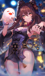 Rule 34 | + +, 1girl, blush, breasts, brown hair, china dress, chinese clothes, claw pose, cleavage, collar, detached collar, detached sleeves, docozi, double bun, dress, full moon, genshin impact, ghost, grin, hair between eyes, hair bun, highres, hu tao (genshin impact), moon, nail polish, night, night sky, outdoors, short dress, side slit, sky, small breasts, smile, star (symbol), symbol-shaped pupils, tassel, thick thighs, thighs, wide sleeves