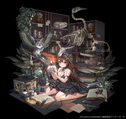 Rule 34 | 1girl, bare legs, bare shoulders, barefoot, bird, black dress, book, bottle, breasts, brown hair, candle, cleavage, d. (ddot2018), dress, full body, hat, highres, holding, holding skull, iron saga, large breasts, long hair, looking at viewer, official art, open book, owl, quill, red eyes, sitting, skeleton, skull, sleeveless, sleeveless dress, solo, su rui (iron saga), very long hair, wariza, witch hat
